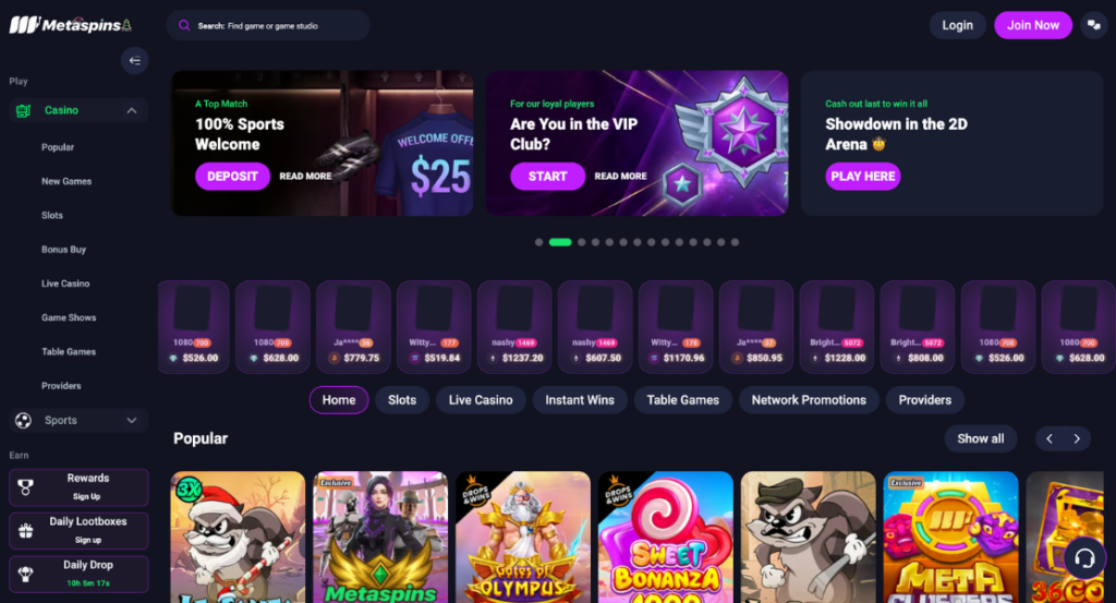 Metaspins casino User Interface